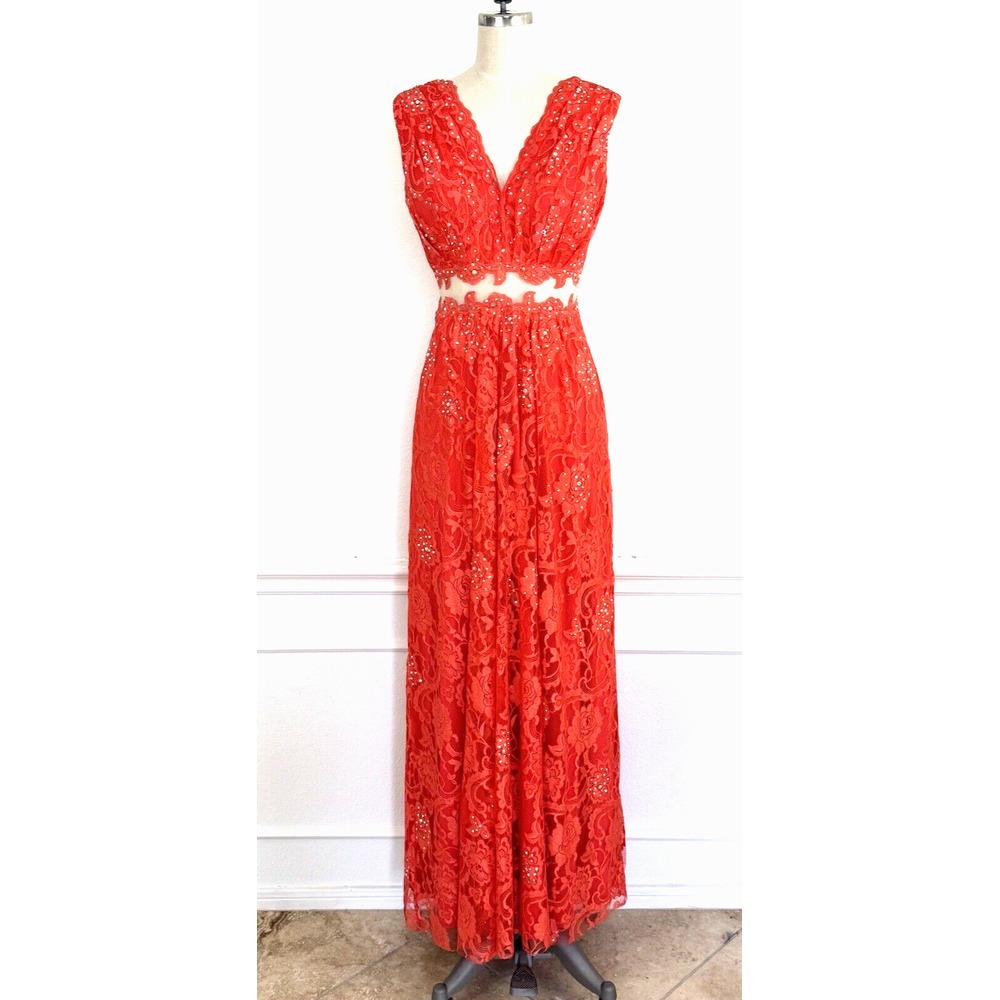 VTG JOVANI Party Dress‎ 6 Long Maxi Orange Embellished Lace Prom Dress Fairy